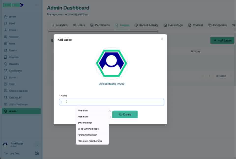 The Add Badge form contains the badge artwork and internal badge name.