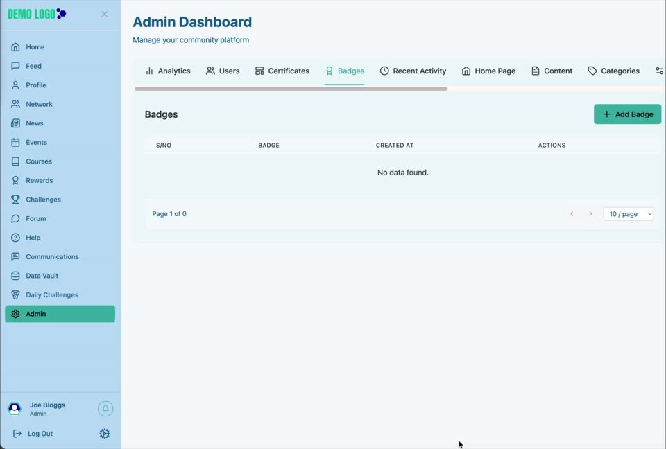 The Badges area lists reusable badge assets and provides Add Badge.