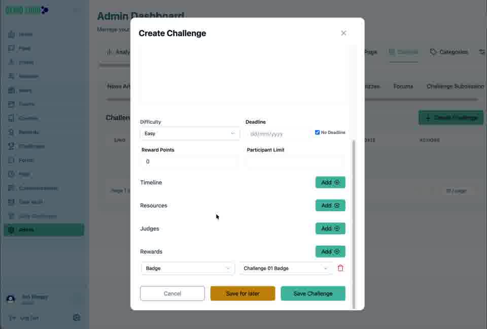 A reusable badge can be selected inside a Challenge reward configuration.