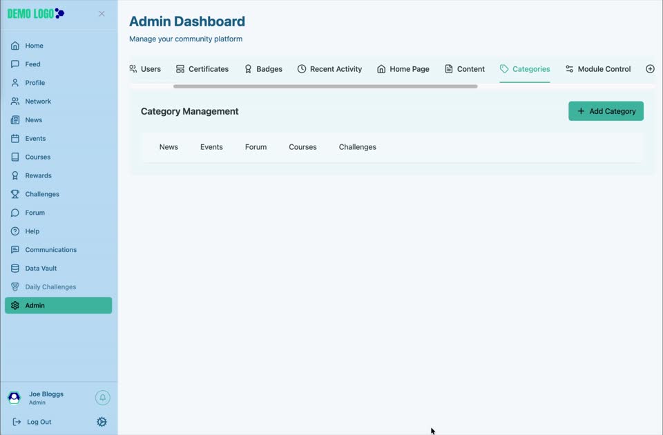 Category Management separates categories by module and shows status and actions for each entry.
