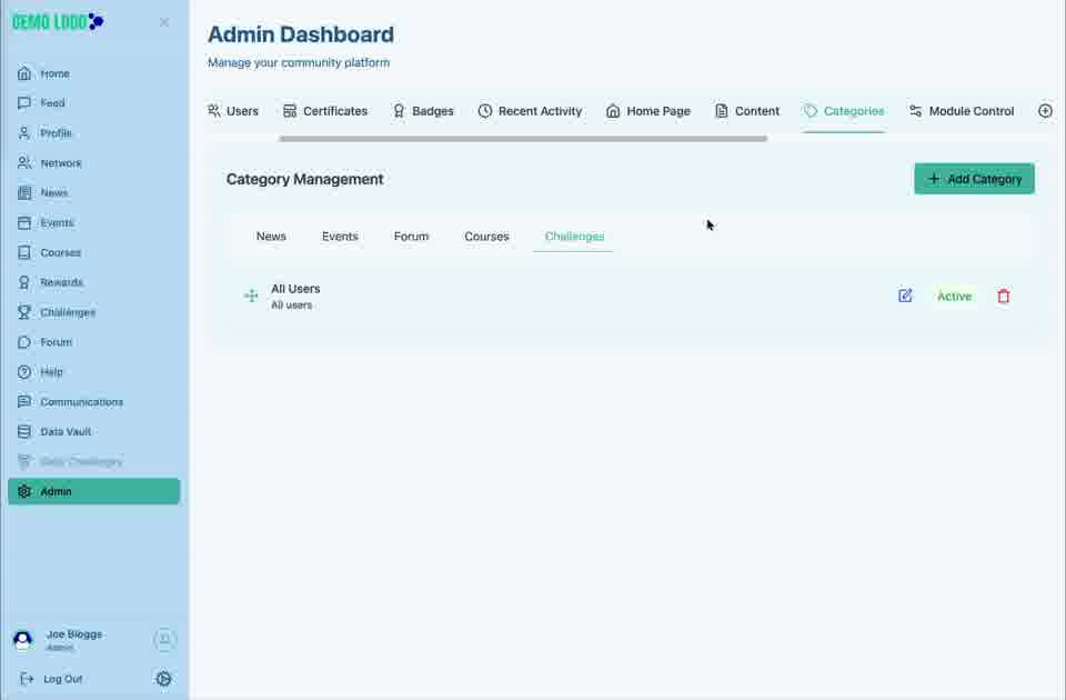 Challenges uses a separate category list for member discovery and filtering.