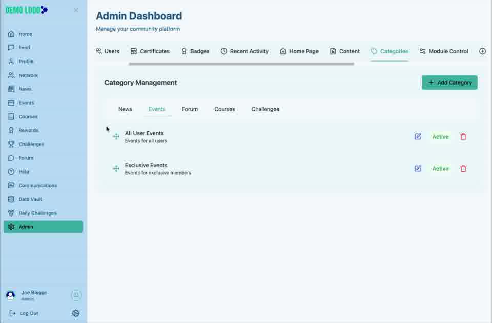 Events maintains its own category set independently of News.