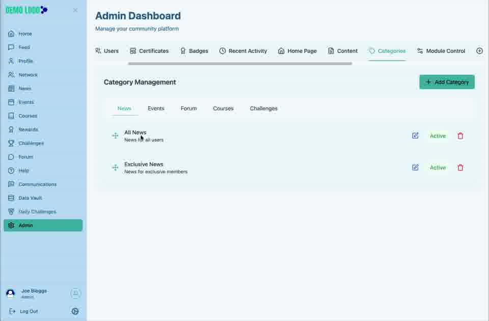 News can contain categories for all members or restricted audiences.
