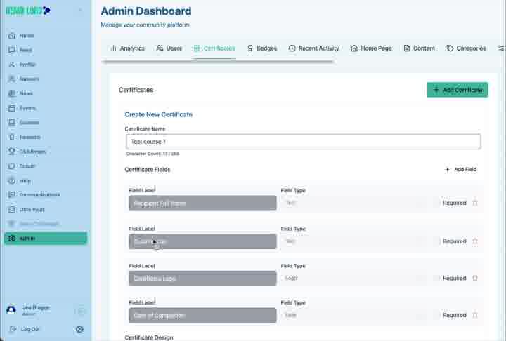 Certificate fields are labelled, assigned a type and optionally marked as required.