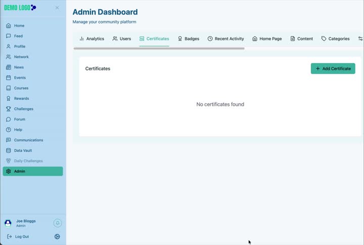 The Certificates area lists saved templates and provides the Add Certificate action.