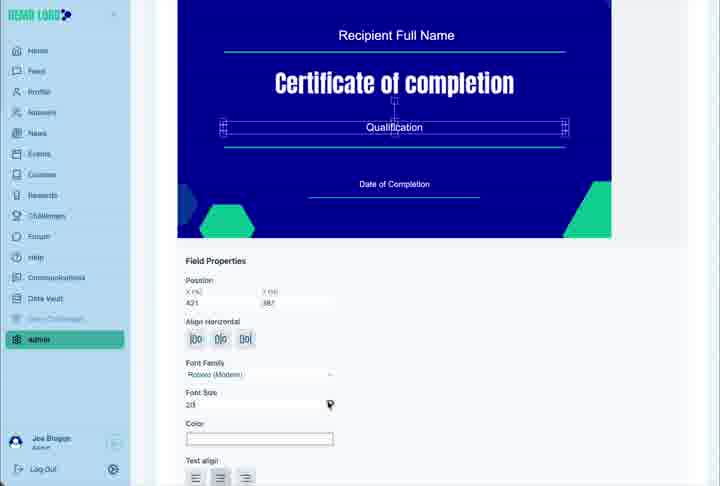 Field Properties controls placement and text styling for the selected certificate field.