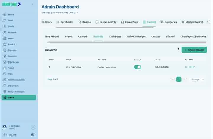 The Rewards tab provides reward status, dates and management actions.