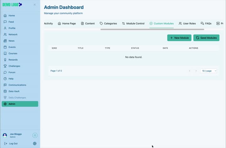 Custom Modules lists created modules and provides New Module and Seed Modules actions.