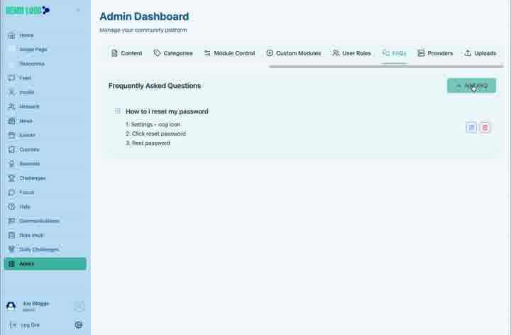 The Add FAQ form contains a question and a plain-language answer.