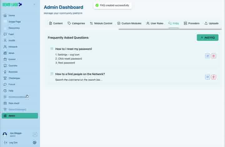 The saved FAQ appears alongside existing questions with edit and delete actions.