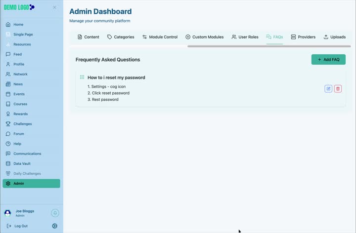 The FAQ list shows each question and answer with edit and delete actions.