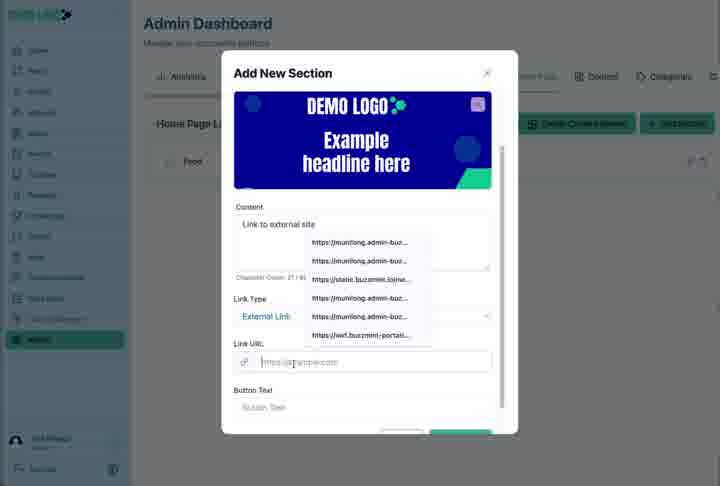 A home-page card combines title, image, content, link type, destination and button text.