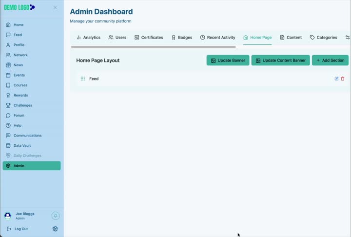 Home Page Layout lists the current sections and the actions for banners, content banners and new sections.