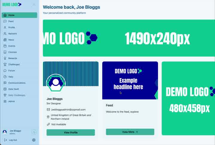 The member Home view combines the main banner, profile card, module cards and content banner.