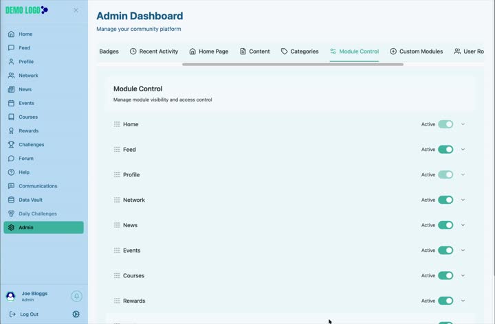 Module Control lists the platform modules with active status controls.