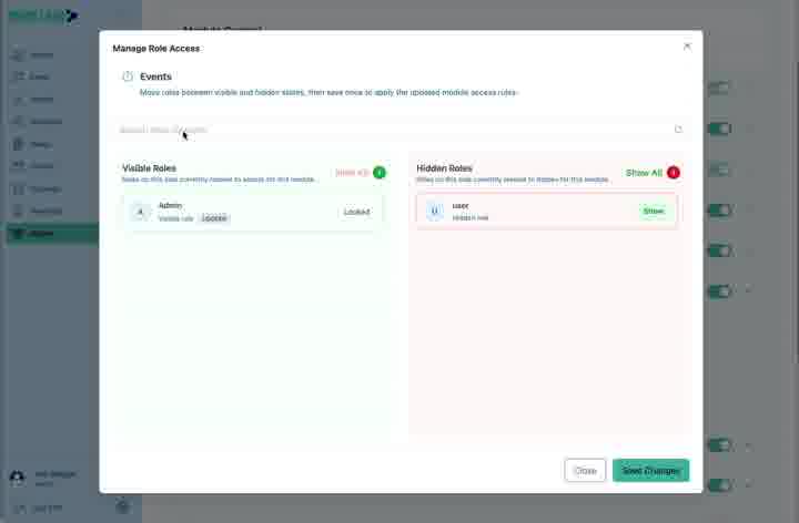 Manage Role Access separates roles that can see the module from roles that cannot.