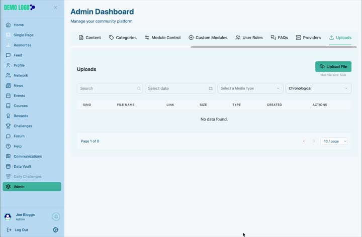 The Uploads library provides search, date, media-type and ordering controls.