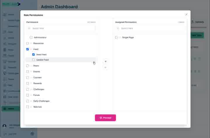 Module permissions can be selected and moved into the assigned list.