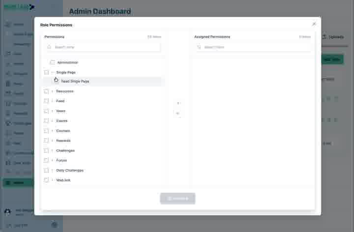 The Role Permissions modal separates available and assigned permissions.