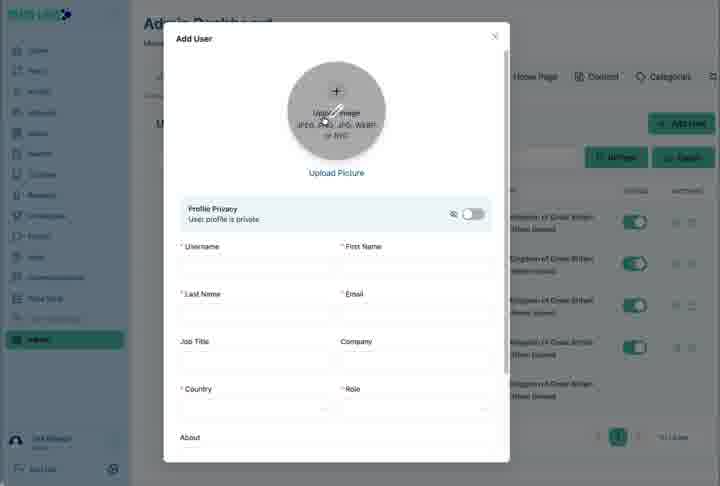 The Add User form begins with profile imagery, privacy controls and account details.