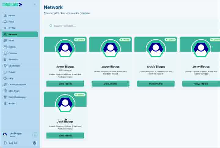 A newly created visible user appears as a member card in Network.