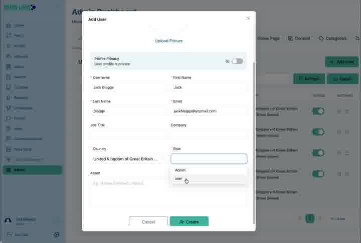 Complete the userβs email, organisational information, country and role before creating the account.