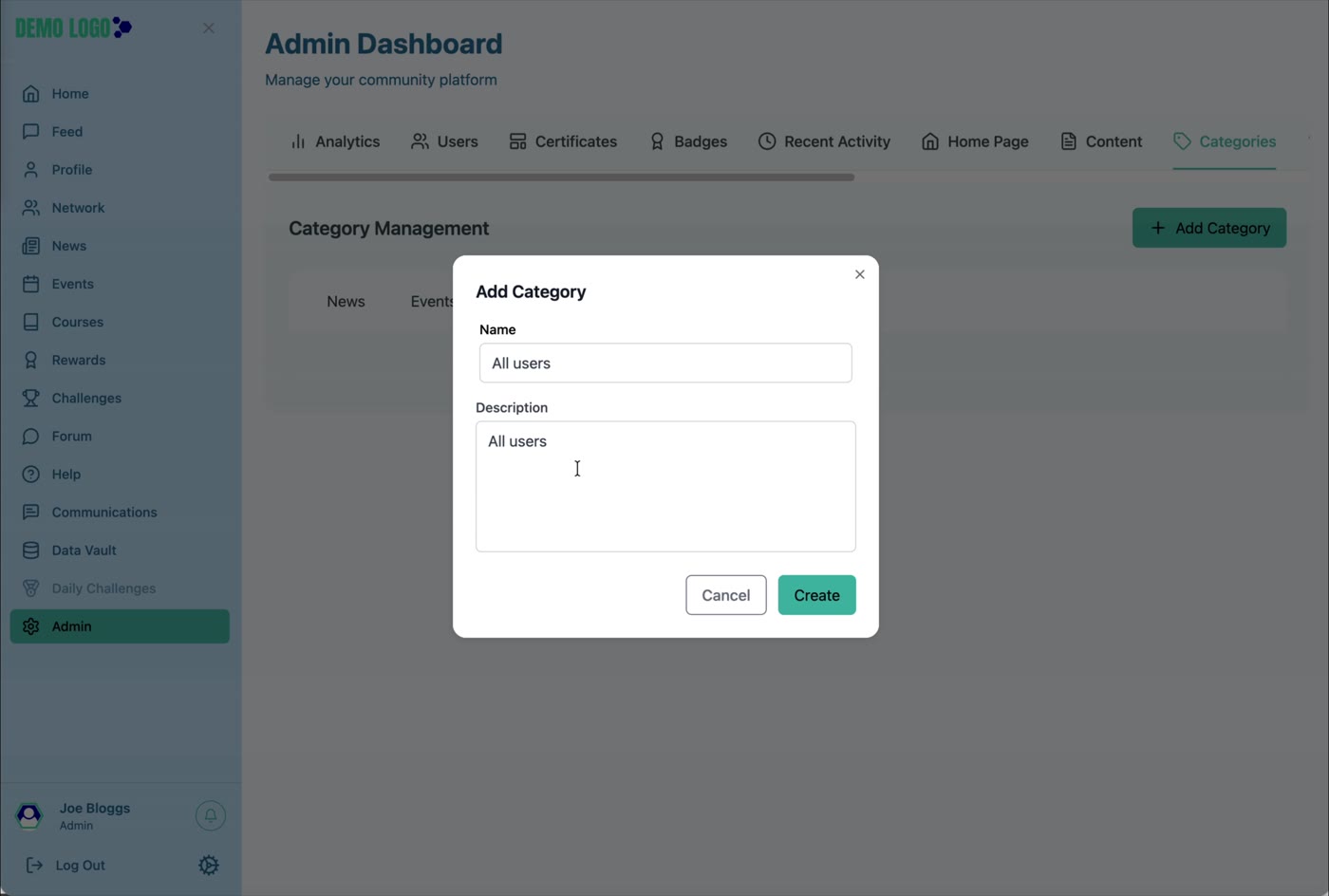 Challenge categories are managed in the shared Category Management area.