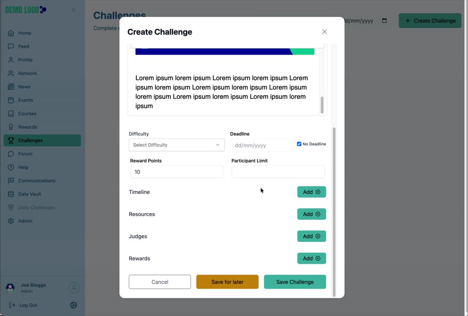 The Challenge detail gives members the complete brief and Submit Entry action.