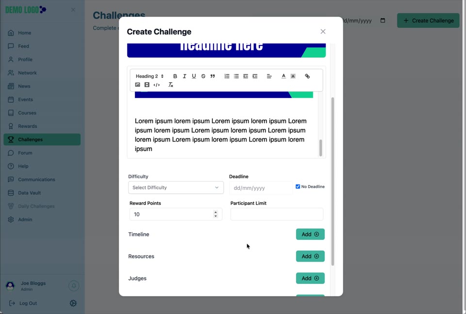 The Challenge card communicates difficulty, deadline, participation and reward before entry.