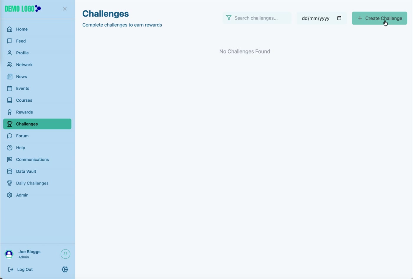 The Challenges page includes search, date filtering and Create Challenge for authorised users.