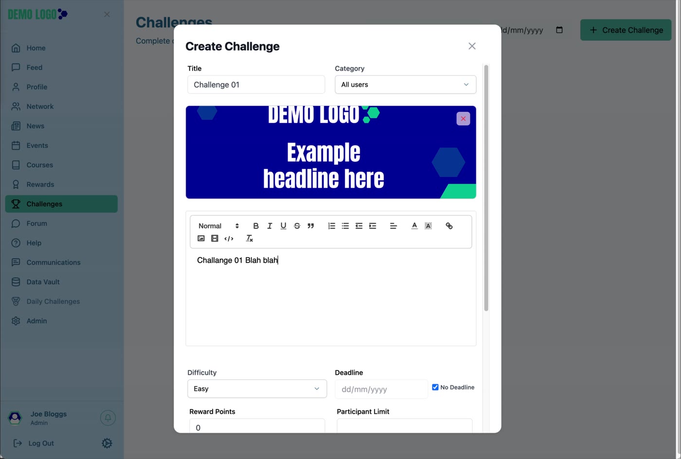 Create Challenge begins with title, category, image, description, difficulty and deadline.
