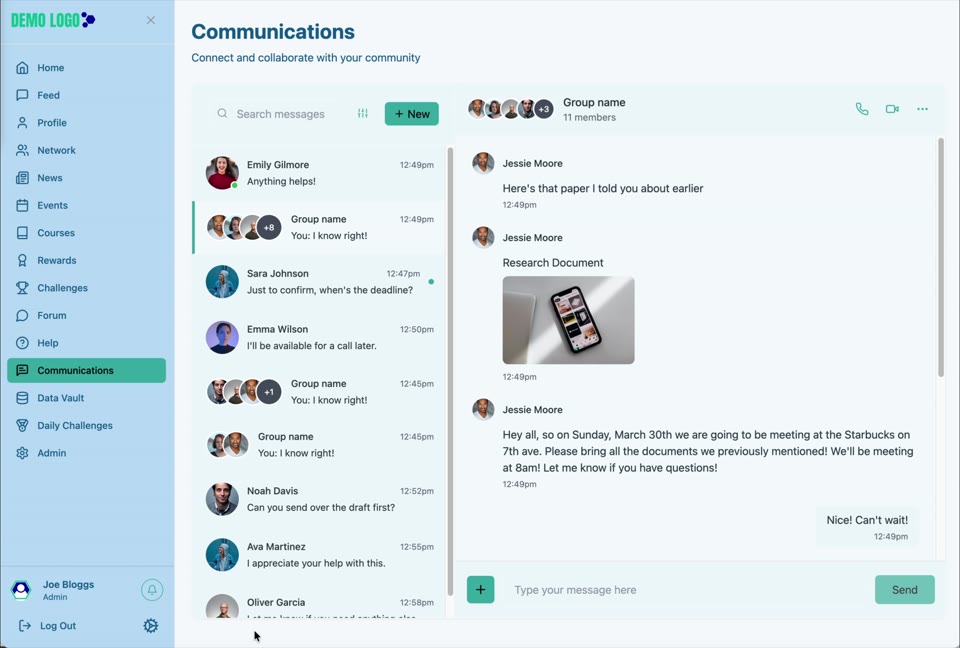 Communications combines direct and group conversations with the active message thread.