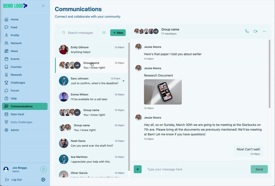 The conversation list shows direct messages, group threads, recent previews and times.