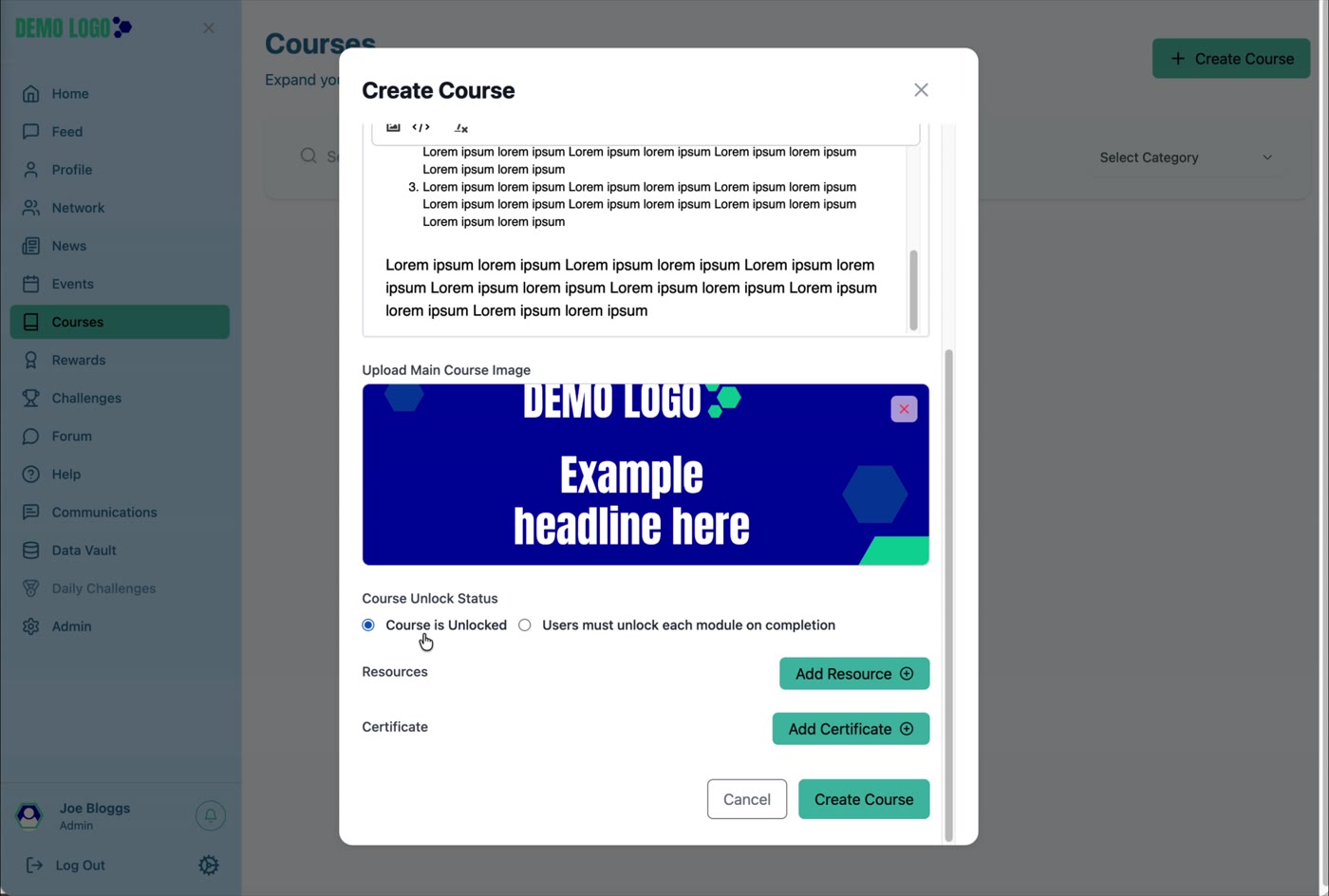 Course image, unlock status, resources and certificate are configured before creation.