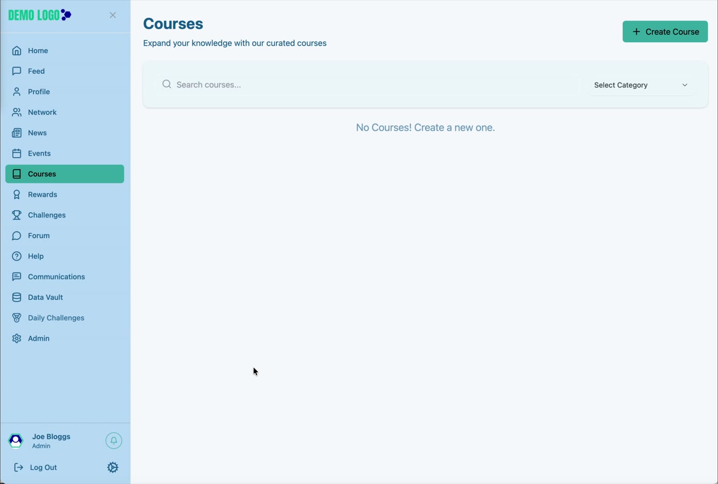 The Courses page includes search, category filtering and Create Course for authorised users.