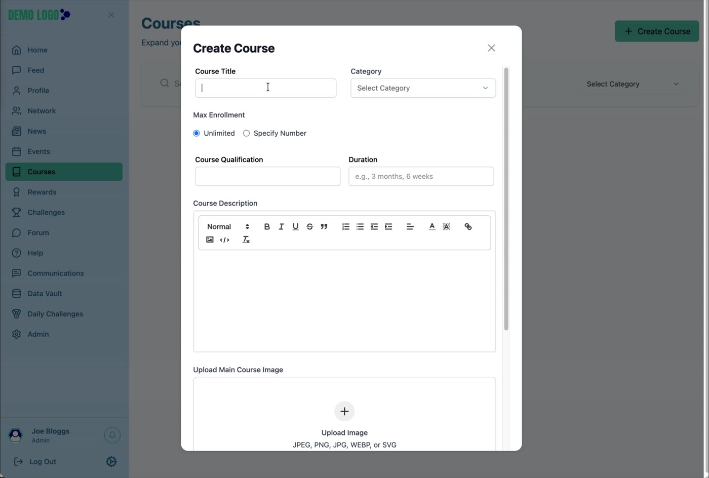 Create Course starts with title, category, enrolment, qualification, duration and description.