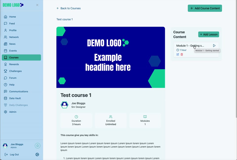 Lessons are added inside a selected Module and can include media, resources and questions.
