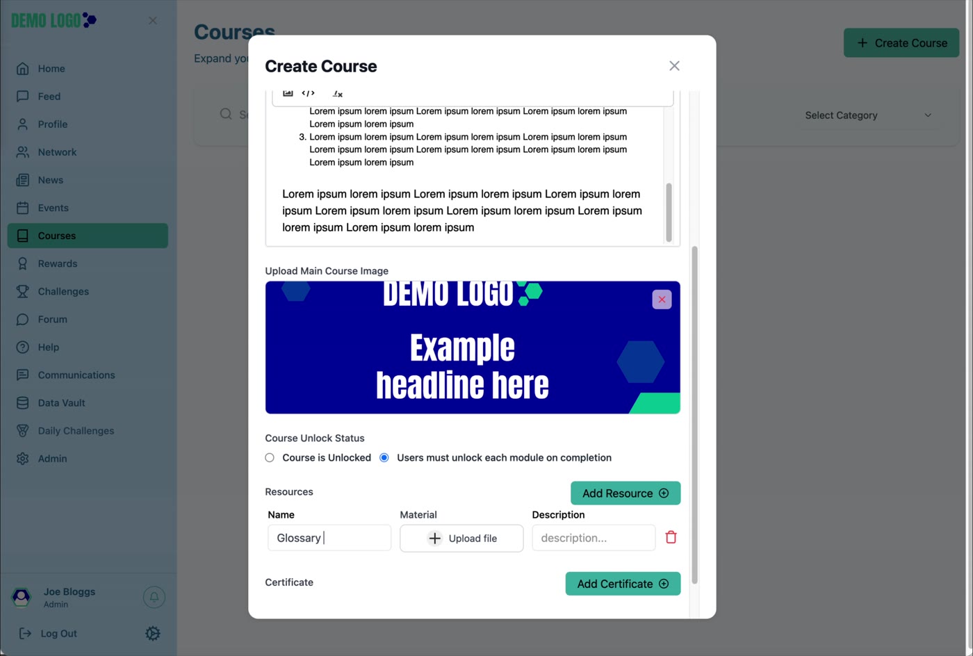 A Module contains a title, duration, thumbnail, description and enable setting.