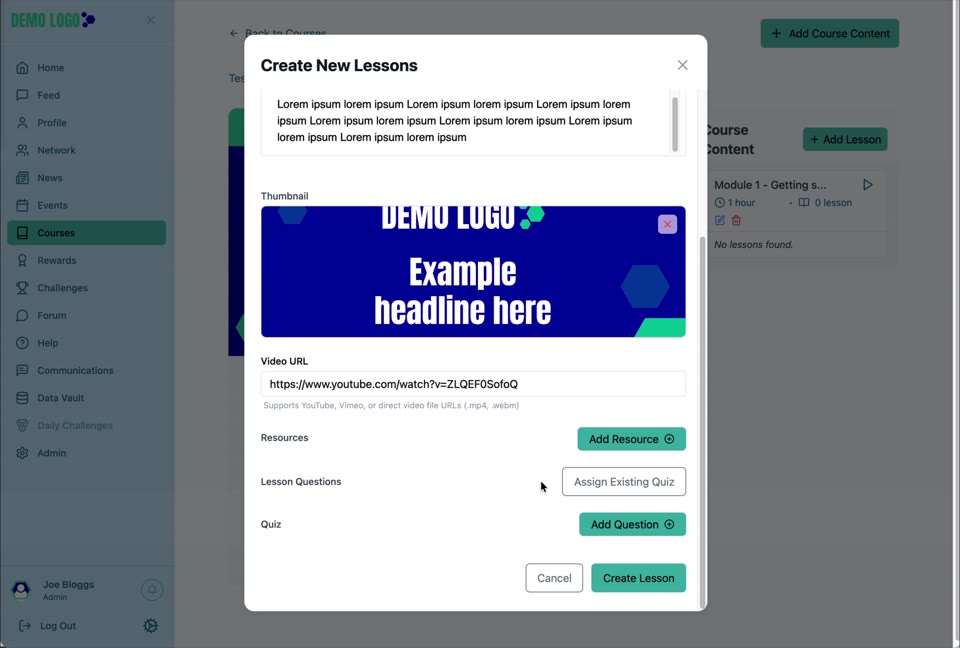 The Lesson assessment is presented beneath the learning content and submitted by the learner.
