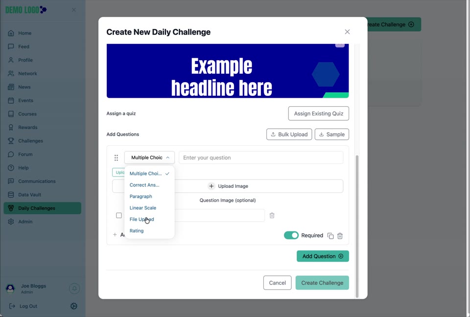 Assign an existing quiz or add the required question types directly.