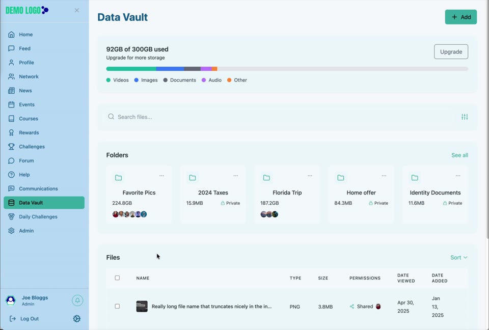 All folders provides a visual directory with size and sharing information.