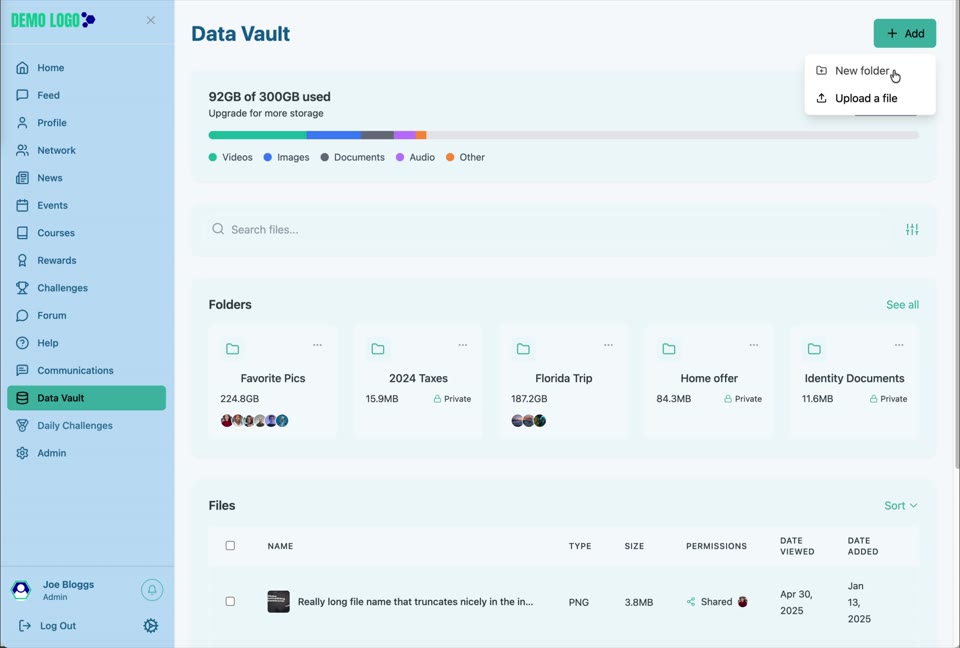 The Add menu offers New folder and Upload a file.