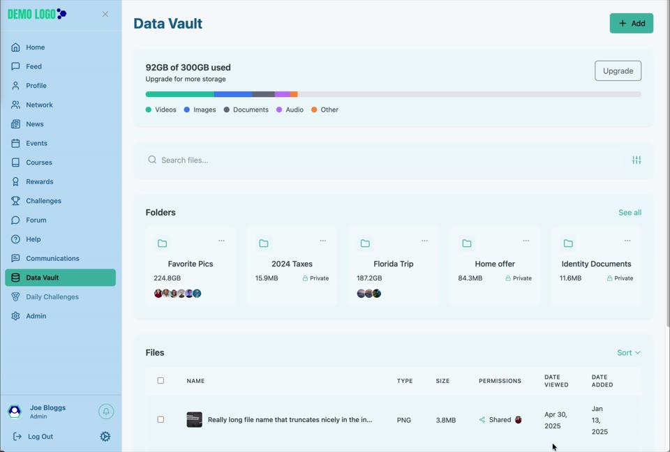 Data Vault shows storage usage, file-type distribution, folders and recent files.