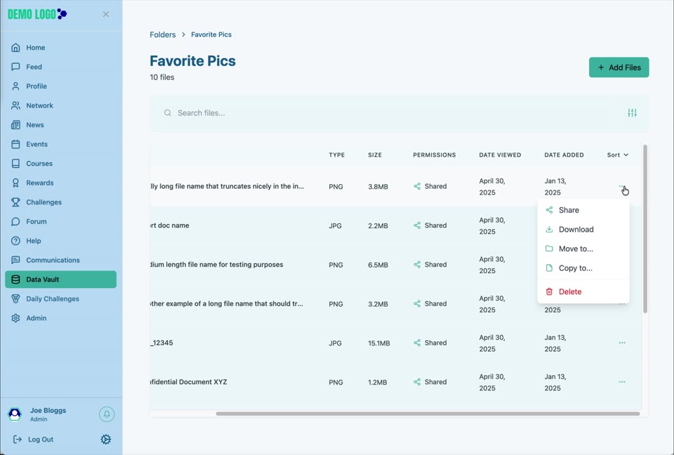 The file action menu supports viewing, downloading, moving, copying and deleting.