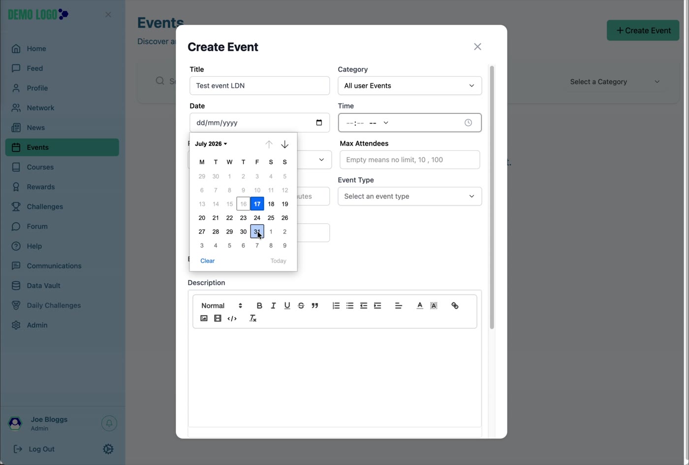 Create Event captures the core schedule, category, capacity and joining information.