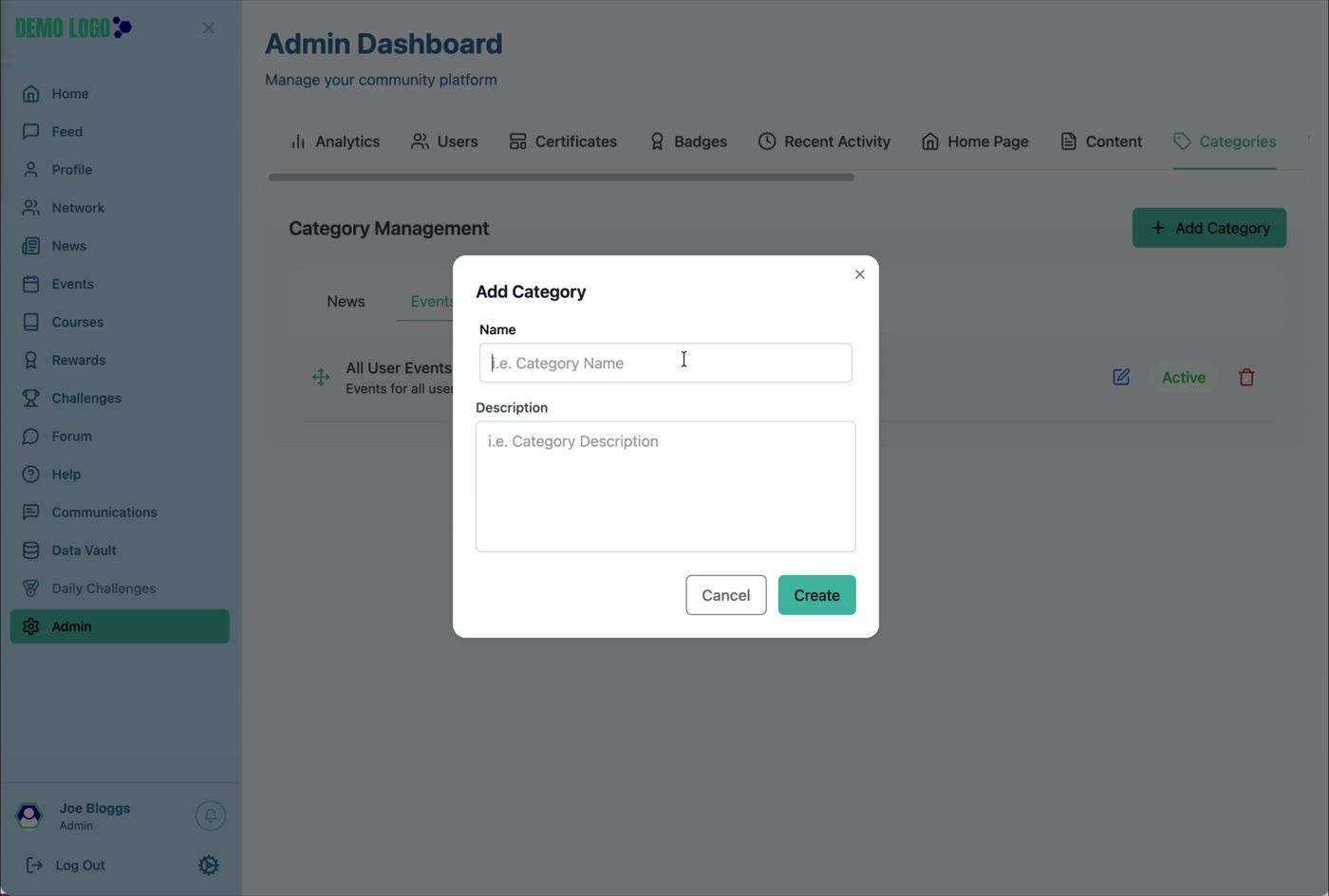 Event categories are created in the shared Category Management area.