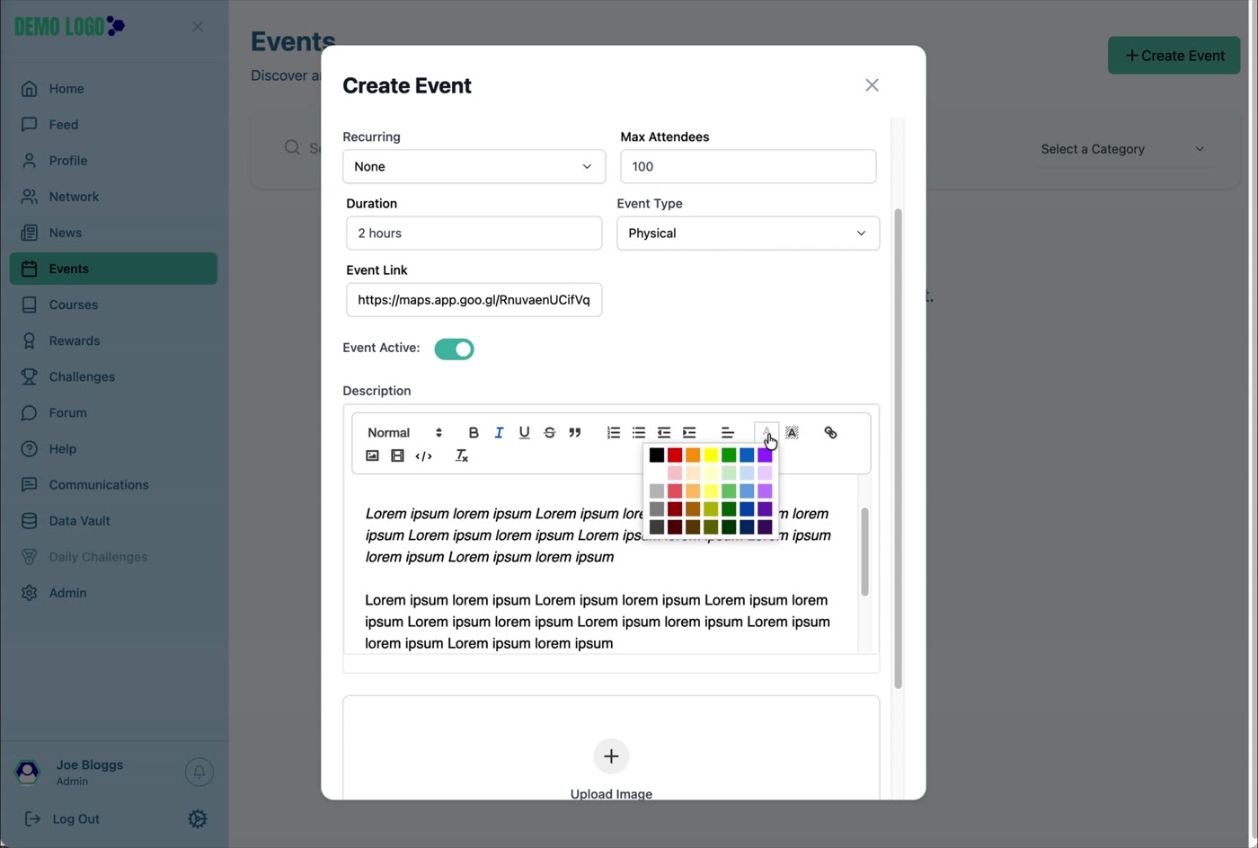 Add the event description and approved lead image before creating the event.