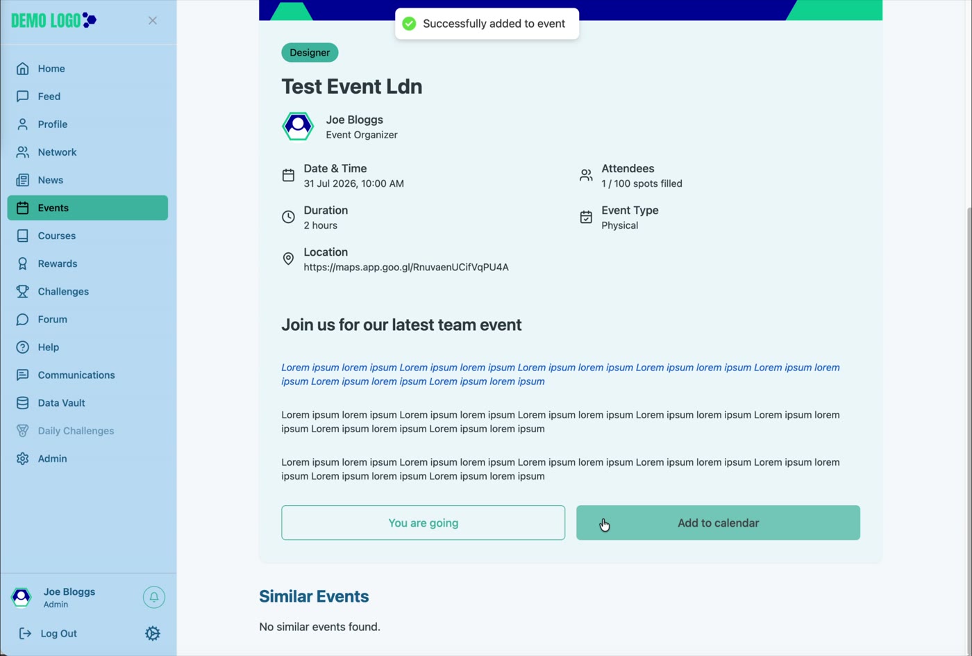 The Event detail page includes schedule, attendee information, joining details and RSVP.