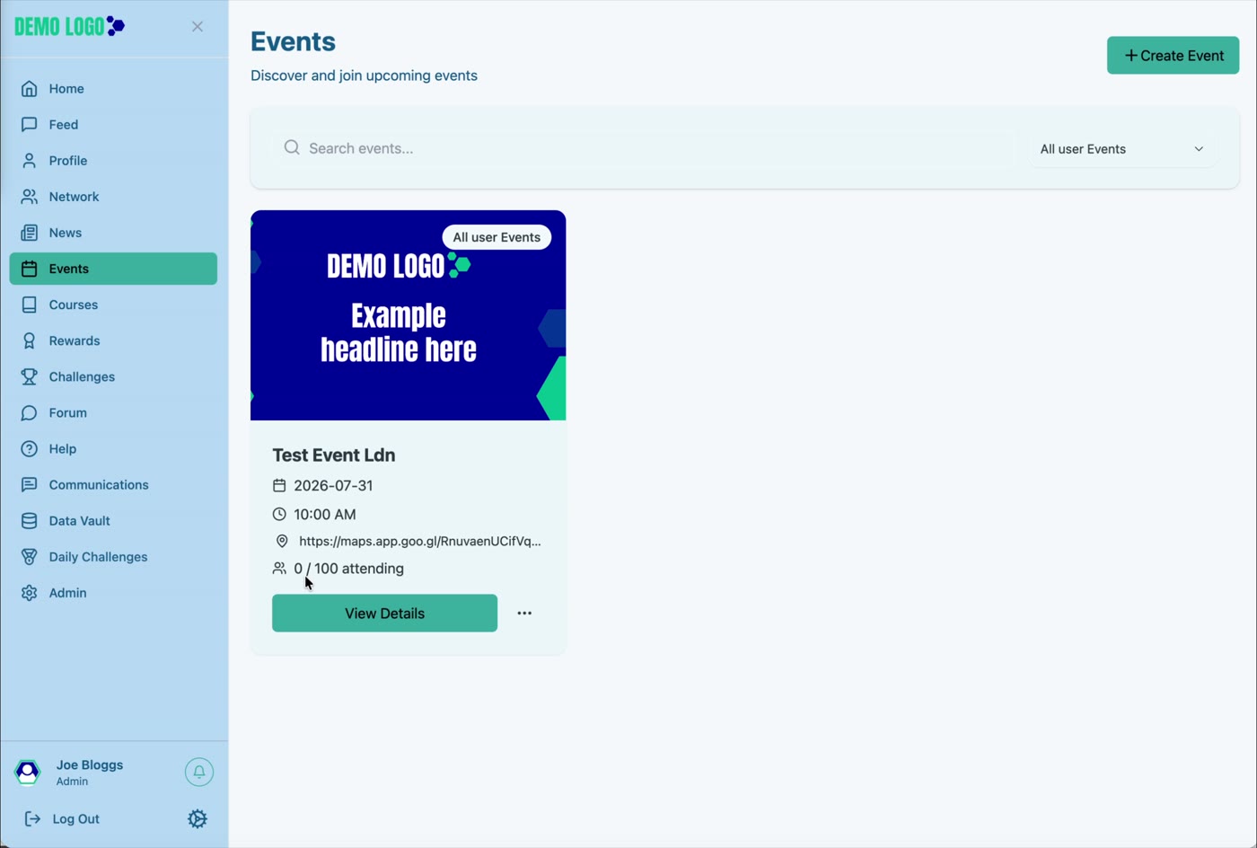 The published Event card presents the information members need to decide whether to open it.