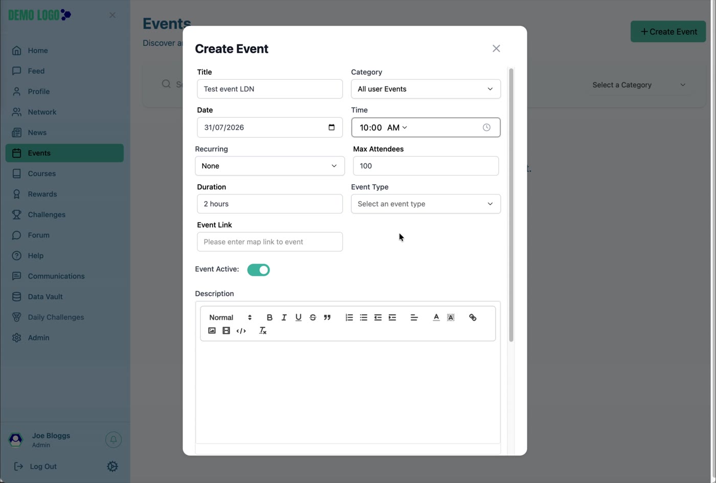 Event Type distinguishes Online and Physical events, while Event Link stores the relevant destination.